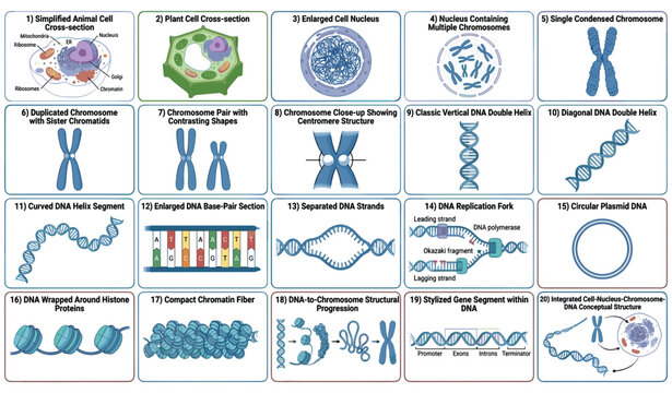 Biology education vector bundle showing animal plant cell structures dna replication forks double helix strands and chromosome anatomy infographics isolated on white.
