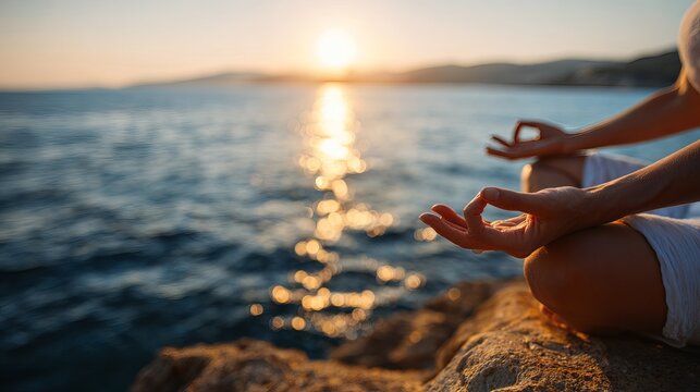Woman practicing yoga meditation by the sea at sunset, close-up of hand in gyan mudra, peaceful relaxation and mindfulness concept in spain
