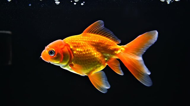 Golden Fish swimming gracefully underwater in dark water with soft bubbles rising