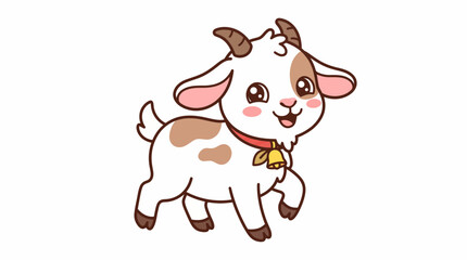 Fototapeta premium Cute cartoon baby goat kid walking with bell illustration domestic character