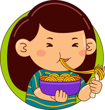 Cartoon Illustration of Child Eating Noodle