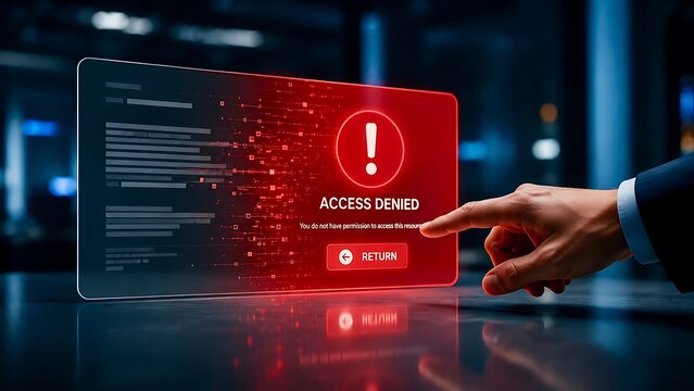 Businessman finger pressing a glowing red access denied error message on a futuristic transparent digital interface representing cybersecurity alert and network protection