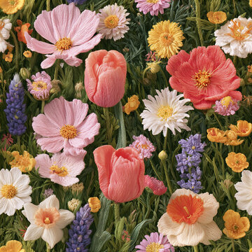 Seamless maximalist embroidered flower field pattern packed with colorful tulip, daffodil, cosmos, and lavender blooms