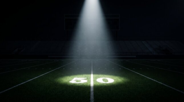 Illuminated football field at night with glowing 50 yard line under stadium lights