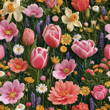 Seamless maximalist embroidered flower field pattern packed with colorful tulip, daffodil, daisy, and lavender blooms vibrant
