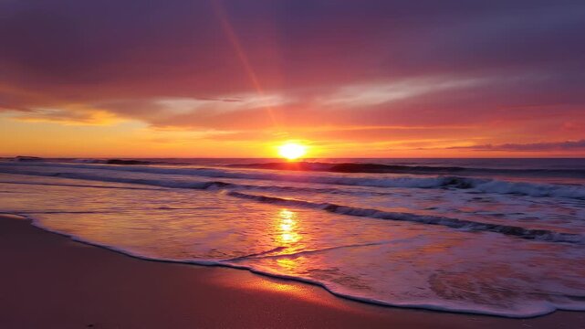 Golden hour ocean waves gently washing on sandy beach during vibrant sunset with dramatic clouds