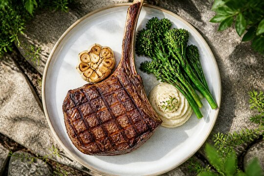 Grilled tomahawk steak plated with broccolini and mashed potato