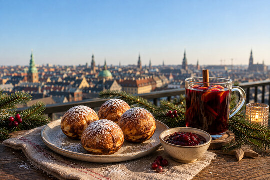 Traditional Danish &AElig;bleskiver with Berry Jam and Mulled Wine on a Cozy Copenhagen Rooftop Caf&eacute; at Christmas