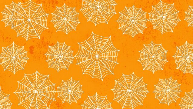 Seamless pattern with hand drawn spider webs on bright orange background for halloween celebration