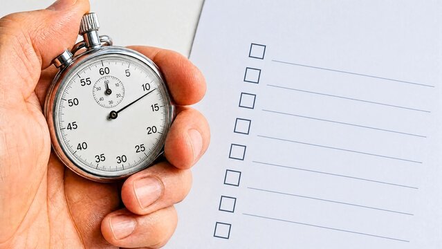 Hand holding stopwatch beside blank checklist paper representing time management and task planning efficiency