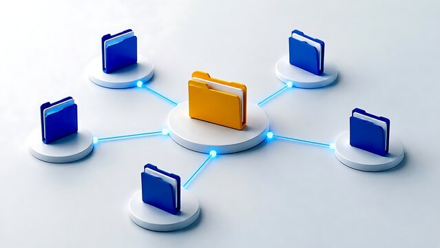 Centralized yellow master folder connected to surrounding blue folders representing cloud storage data network management and digital file organization structure