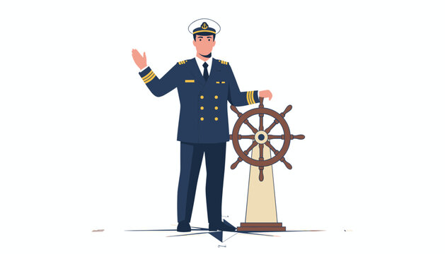 Proud ship captain in a navy blue uniform stands beside a wooden steering wheel on a compass rose background.