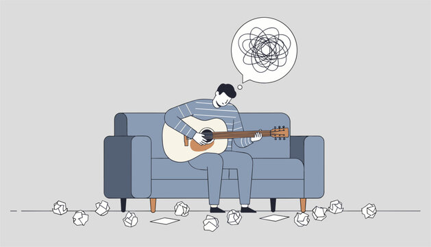 Frustrated male musician sitting on sofa with guitar and crumpled paper on floor while thinking bubble shows messy tangled lines.