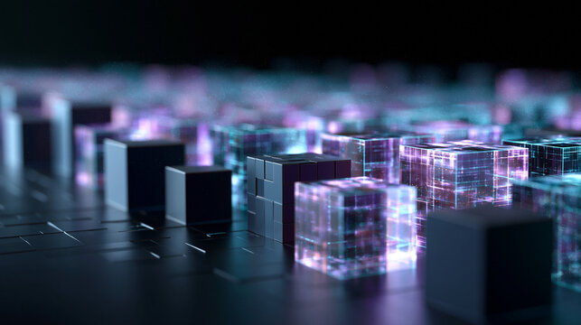 Digital abstract cubes floating in futuristic cyberspace with neon purple and blue lights for high tech data visualization concepts.
