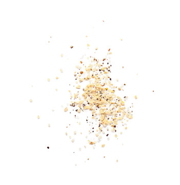Dried minced garlic and black pepper spice mix isolated on a clean white background, top view for food seasoning, this culinary ingredient provides flavor and aroma for cooking and food seasoning