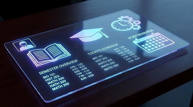 Glass tablet displaying holographic university semester overview and schedule.