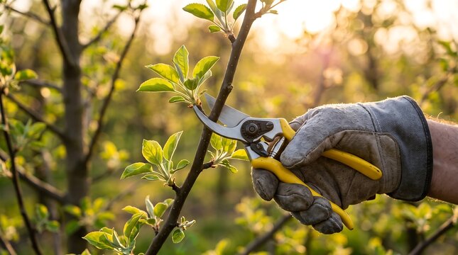 A gloved hand uses yellow secateurs to prune a tree branch in a blooming spring orchard during golden hour.