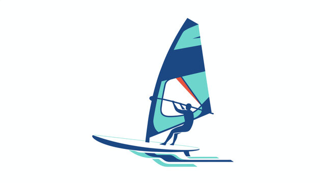 Dynamic logo design of a windsurfer balancing on a board with a colorful sail riding over blue ocean waves.