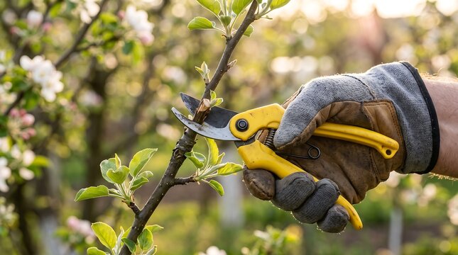 A gloved hand uses yellow secateurs to prune a tree branch in a blooming spring orchard during golden hour.