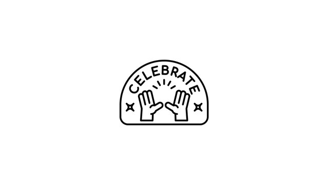A minimal black and white vector line icon badge featuring two raised hands giving a double high five beneath the arching text CELEBRATE, enclosed in a semi-circular dome frame