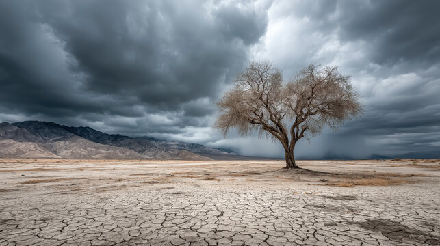 Lone tree stands resilient in cracked, drought stricken landscape under dramatic, stormy sky, evoking sense of solitude and endurance