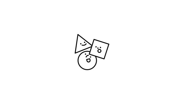 A minimal black-and-white vector line illustration featuring cute anthropomorphic geometric shapes&mdash;a triangle, a square, and a circle&mdash;with smiling emoticon faces grouped together