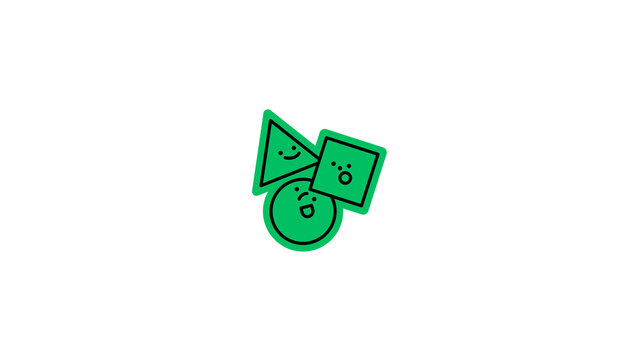A vibrant vector line illustration featuring cute anthropomorphic geometric shapes&mdash;a triangle, a square, and a circle&mdash;with smiling emoticon faces