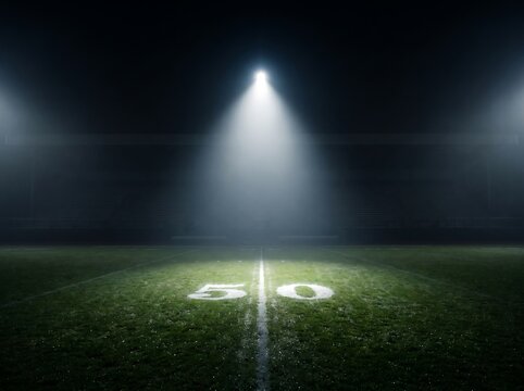 Illuminated football field at night with glowing 50 yard line under stadium lights