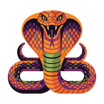 King cobra snake vector illustration, aggressive orange and purple serpent mascot, hooded viper with fangs and scales, wild reptile graphic isolated on White Background Editable EPS