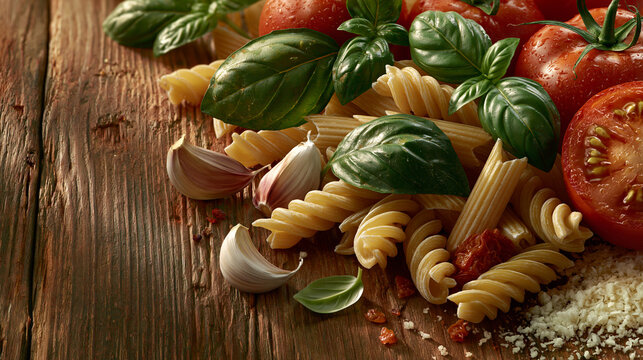 Dried fusilli pasta with fresh tomatoes and basil leaves on rustic wooden surface.