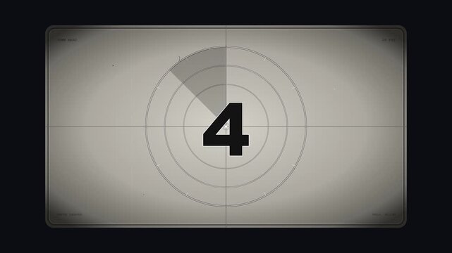 Vintage Cinematic Film Leader Countdown Animation with Monochrome Grain, Rotating Timing Line, and Numbers from 8 to 1