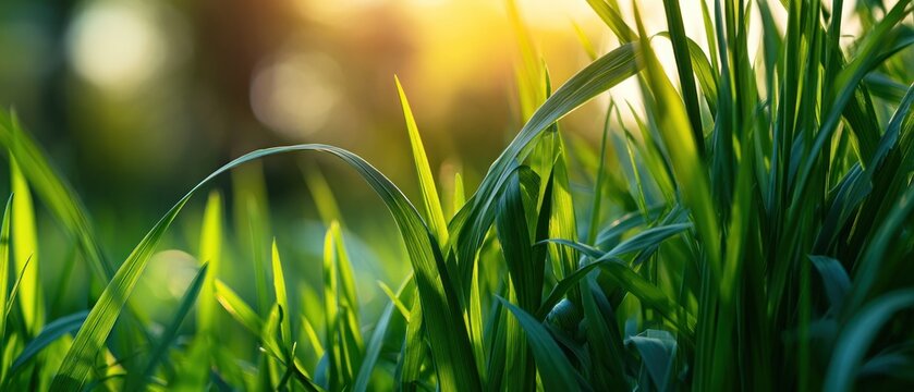 Close up of lush green grass blades backlit by warm golden morning sunlight creating a serene natural backdrop