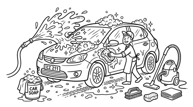 Car Washing and Auto Detailing Hand Drawn Doodle Illustration with Cleaning Tools and Water Spray