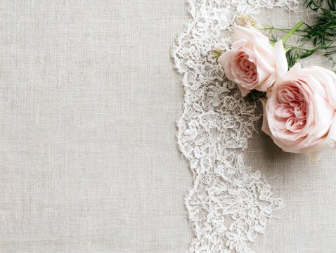 Delicate white lace and pink roses on linen texture background