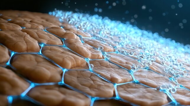 Macro view of skin cells protected by a blue molecular network and water droplets