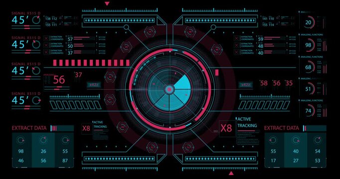 High-tech HUD screen shows an animated circular scanner with data extraction modules, signal indicators and technical graphics.