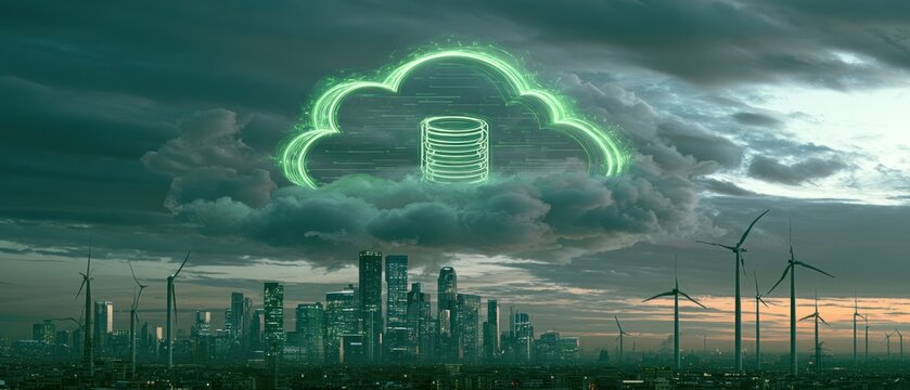 Green neon cloud with data stacks above futuristic cityscape and wind turbines at dusk