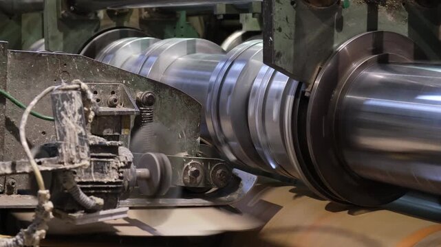 Industrial heavy machinery with rotating steel cylinders and slitting mechanisms forming corrugated cardboard sheets on a high speed conveyor.