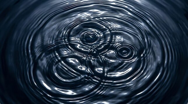 Close-up view of intersecting circular ripples on a dark, reflective water surface, showing the fluid motion and concentric wave patterns in deep tones