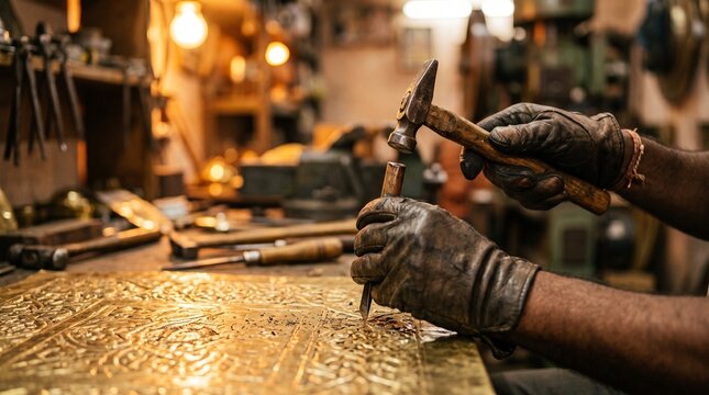 Hands of a Craftsman Engraving Intricate Traditional Patterns on a Brass Plate with Hammer and Chisel in Workshop