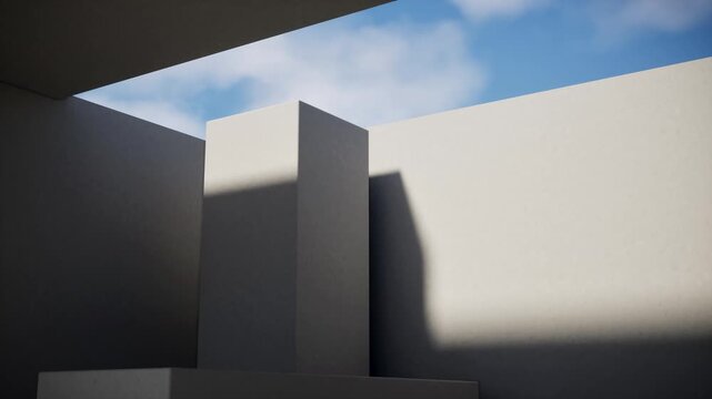 Minimalist monolithic concrete block standing between textured grey walls under open blue sky for brutalist architecture background concept.