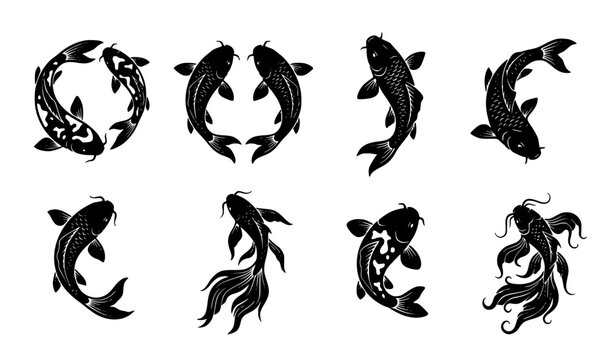 Traditional Japanese koi carp fish silhouette emblem collection black vector set
