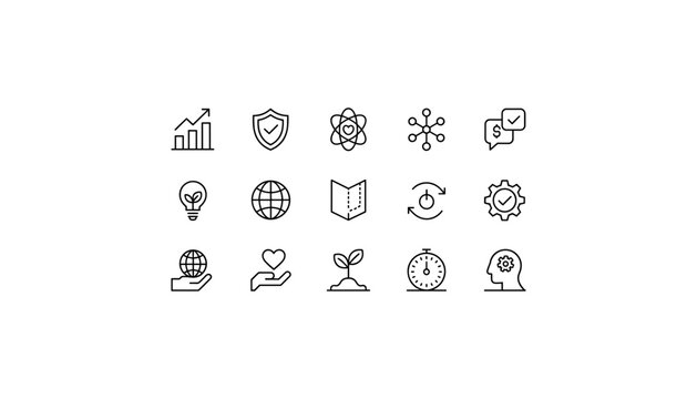Corporate ESG Compliance and Green Technology Fine Line Icon Set Featuring Sustainable Investment Global Ecology and Core Value Symbols