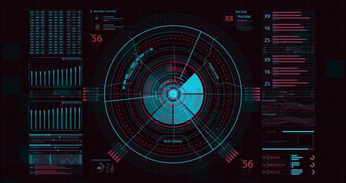 Futuristic digital interface features a large circular radar-style display surrounded by animated charts, indicators and data panels.
