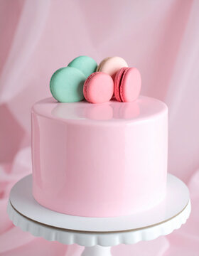 Adorable pastel pink cake with smooth glossy glaze and colorful macarons on top, on decorative stand, dreamy soft-focus background, sweet elegant atmosphere.