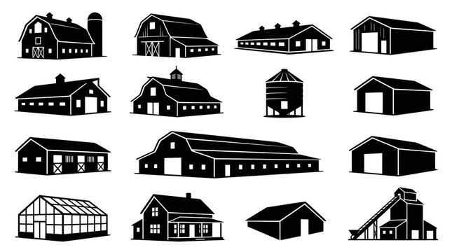 Farm Buildings and Agricultural Structures Black  White Silhouette Icon Set