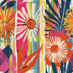 Fototapeta premium Colorful floral pattern with bright orange and white flowers, vibrant leaves, and dynamic brush strokes creating cheerful