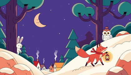 Naklejka premium Little Fox with Lantern in Snowy Forest, Flat Vector Childrens Book Cozy Bedtime Illustration