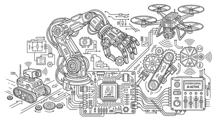 Fototapeta premium Automotive Engine and Mechanical Parts Hand Drawn Doodle Illustration for Car Repair and Engineering
