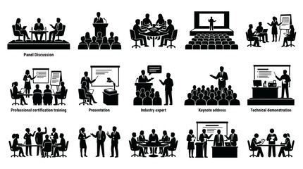 Fototapeta premium Business Meeting Icons: Panel, Presentation, Training, Keynote, Demo, Technology